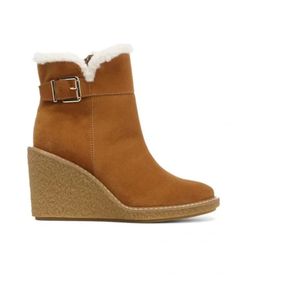 Franco Sarto Ulayna Ankle Bootie 10 NWOT Wedge Heel Tan Suede Boots Sherpa - Picture 1 of 11